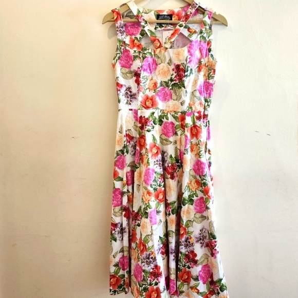 Hearts & Roses Retro Bright Floral Flowy Midi Swing Dress Size 6 - Picture 1 of 12